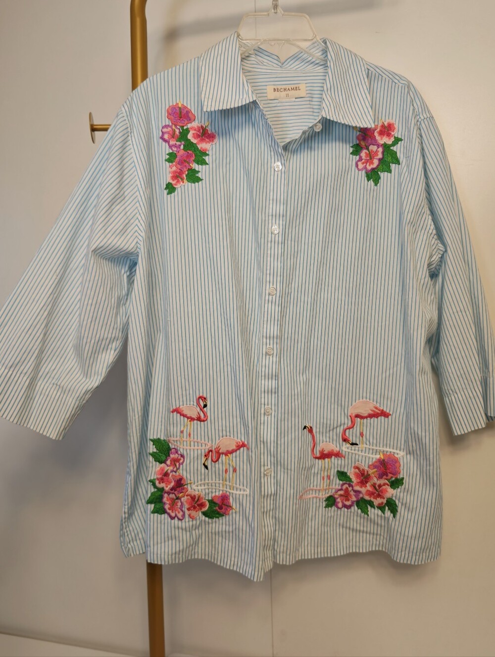 Miami Embroidered Bechamel Light Blue Striped Shirt, Pink Floral & Flamingo XXL